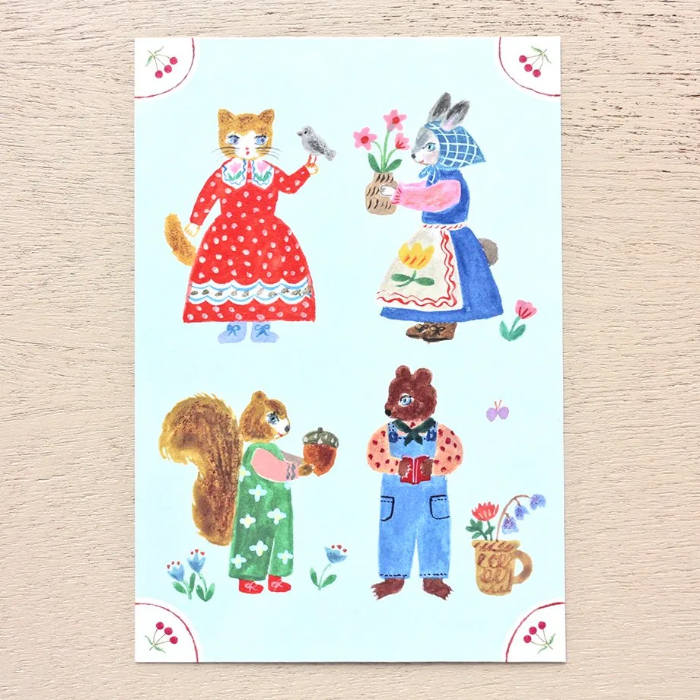 Aiko Fukawa postcard booklet titled 'Little Fluffy Friends,' featuring charming, whimsical illustrations of cute animals, Japanese stationery with adorable, collectible designs.