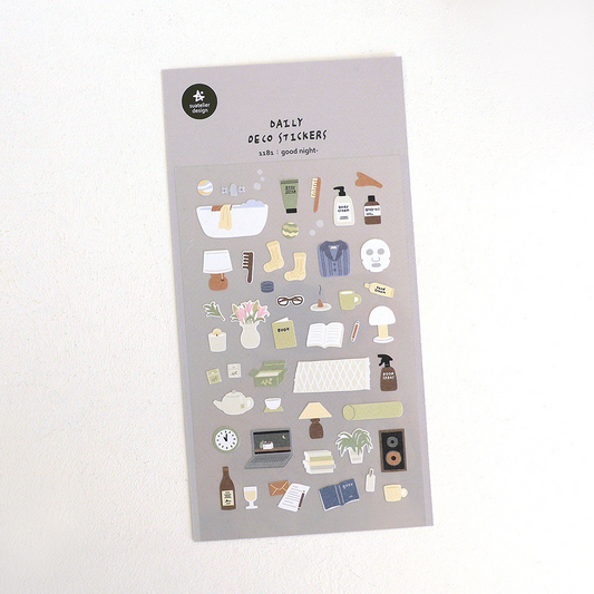 Sheet of daily deco stickers with various illustrations of items used in bed time routine.