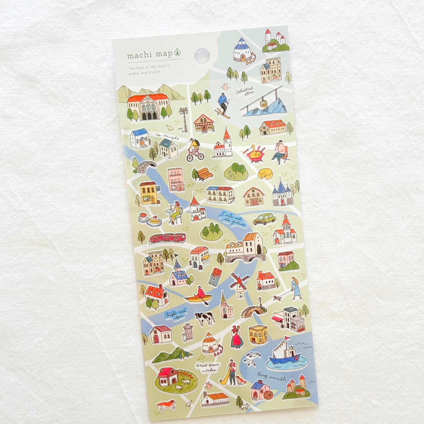 Sticker sheet with illustrations of a cute kawaii small town