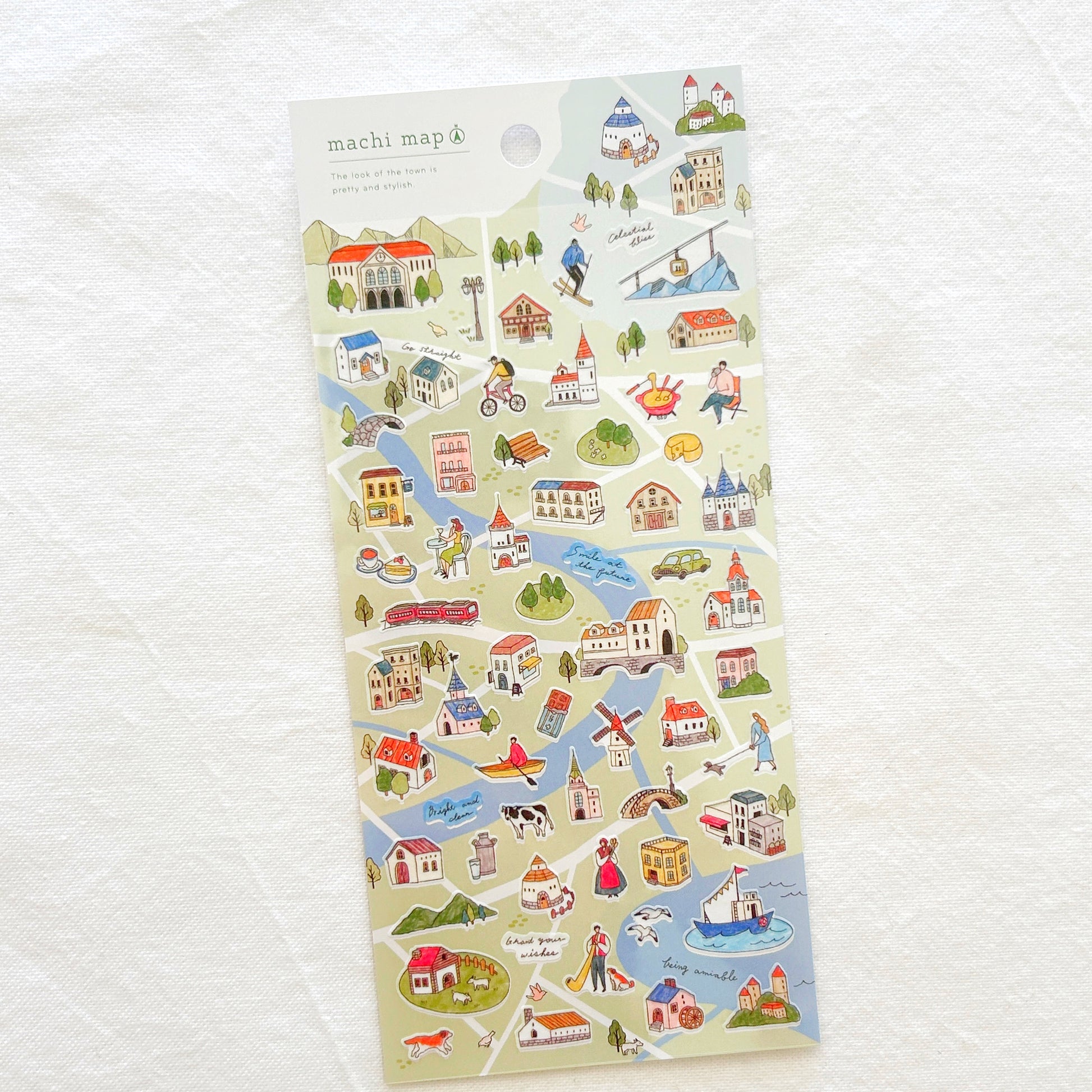 Sticker sheet with illustrations of a cute kawaii small town