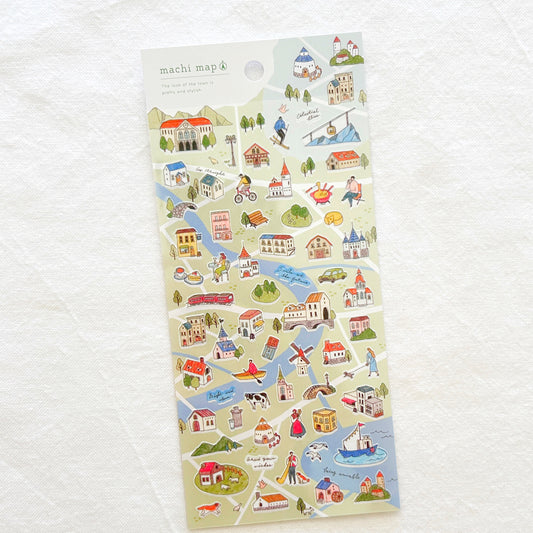 Sticker sheet with illustrations of a cute kawaii small town