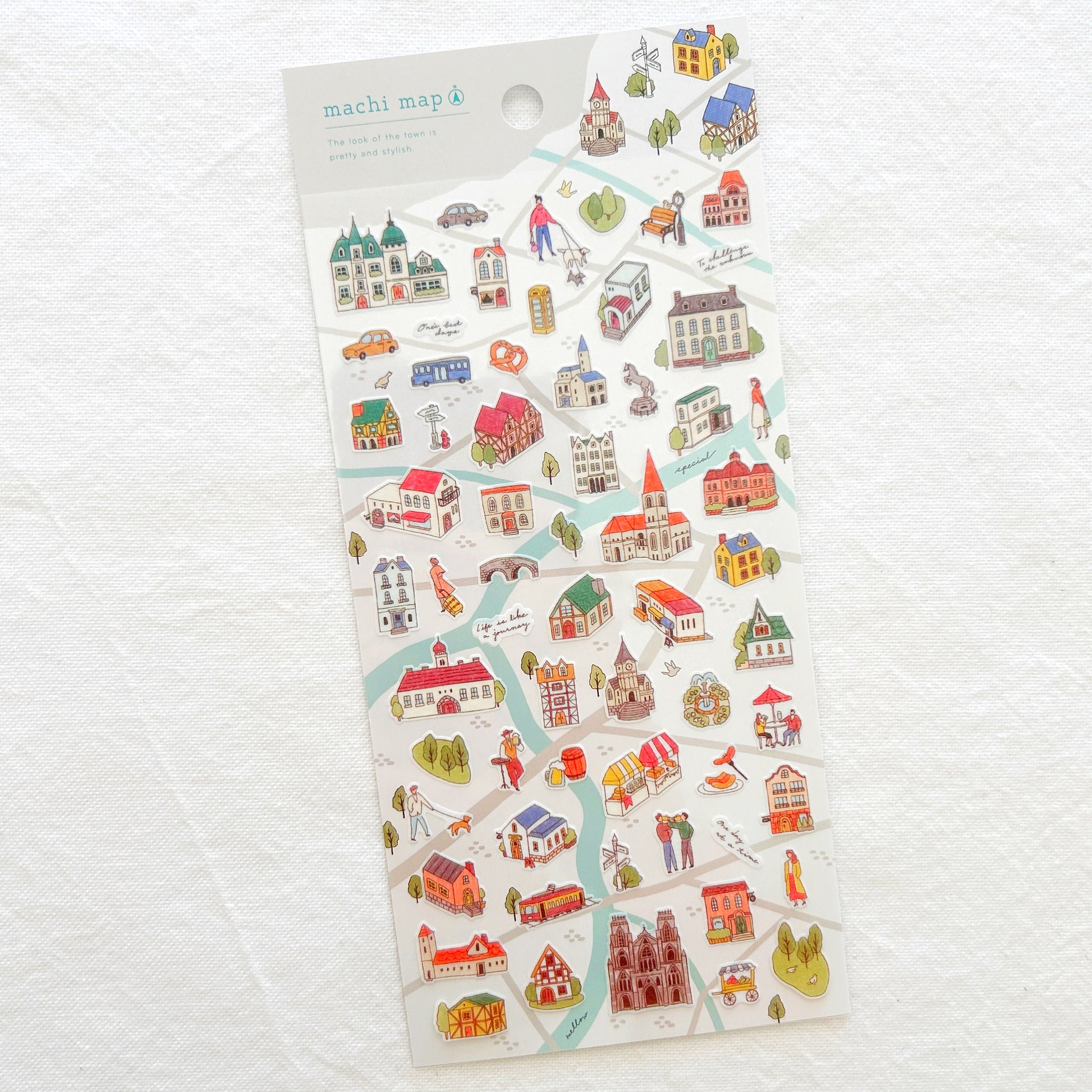 Sheet of illustrated stickers with cute kawaii small buildings and people