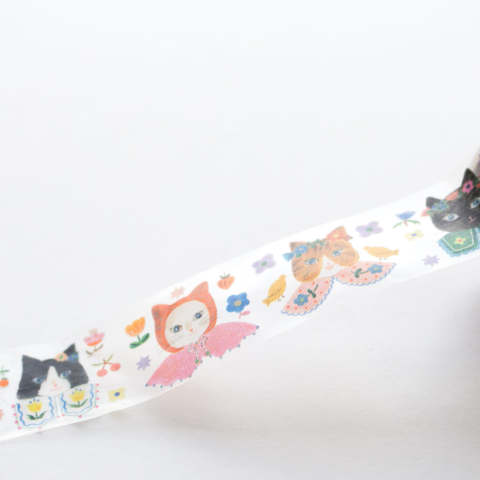 Aiko Fukawa masking tape titled 'Cat Cat,' featuring playful cat illustrations, Japanese stationery with cute, whimsical feline designs for crafting and decorating.