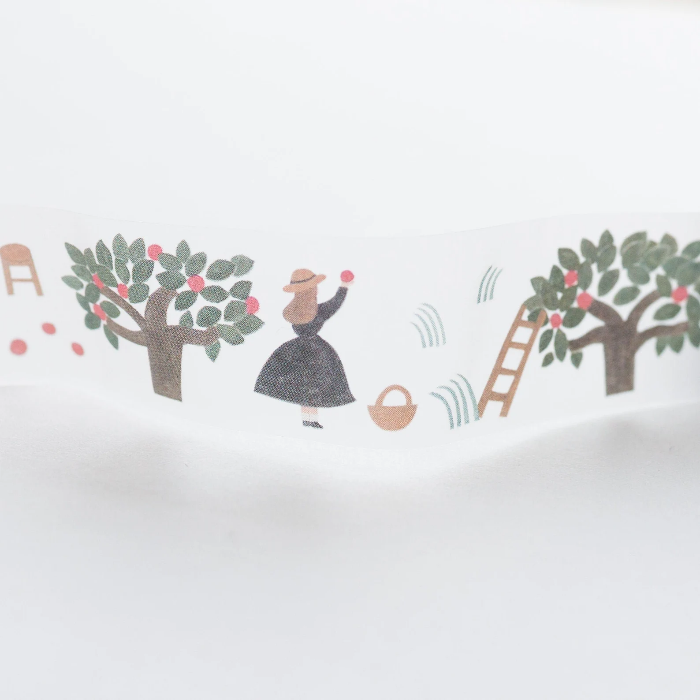 Necktie masking tape titled 'Apple Field,' featuring charming illustrations of apples and fields, Japanese stationery perfect for decorating planners, journals, and crafts with a cozy, nature-inspired theme.