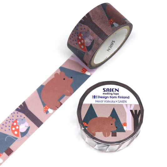 This washi tape features adorable bears illustrated in Heidi Valkola’s playful, artistic style, surrounded by sweet forest elements and soft, earthy tones. Perfect for journals, scrapbooks and craft projects.