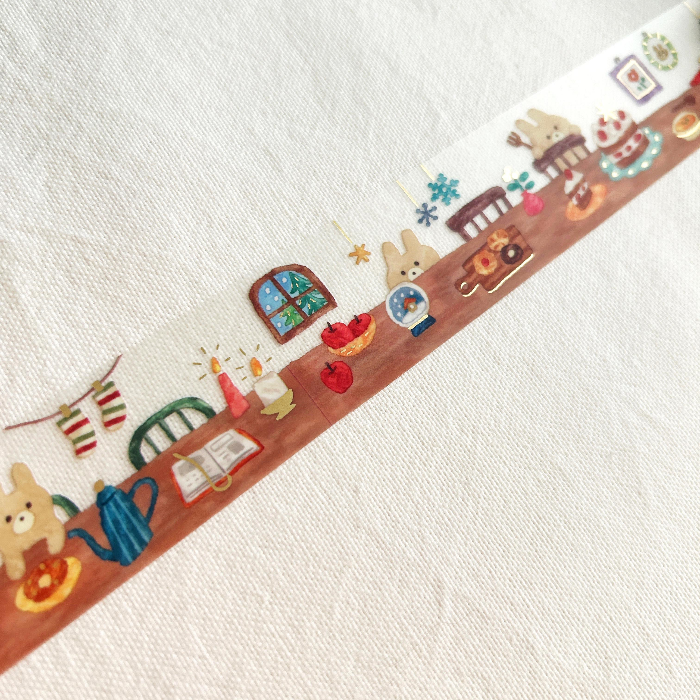 Hokkori Life Gold Foil Clear Tape - Home.  The gentle, transparent background and warm, inviting details make this tape perfect for adding a touch of whimsy to journals, planners, or any project that calls for a cozy, homey feel with an adorable touch.