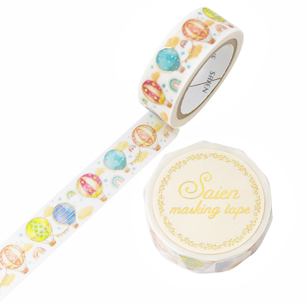Delicate and colorful hot air balloon washi tape stamped with gold foil.