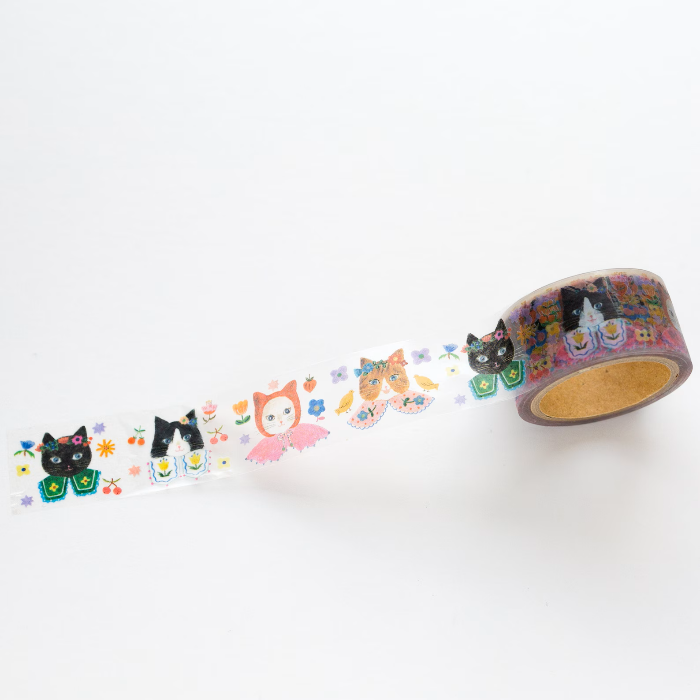 Aiko Fukawa masking tape titled 'Cat Cat,' featuring playful cat illustrations, Japanese stationery with cute, whimsical feline designs for crafting and decorating.