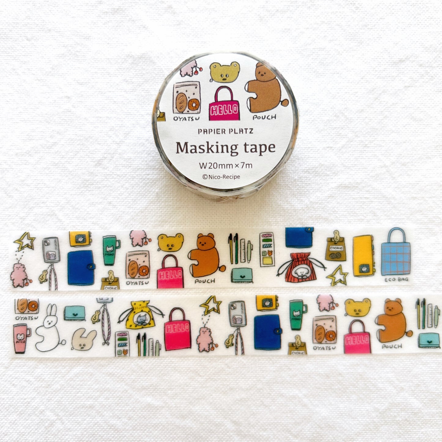 Brightly colored washi tape with illustrations of items found inside a bag