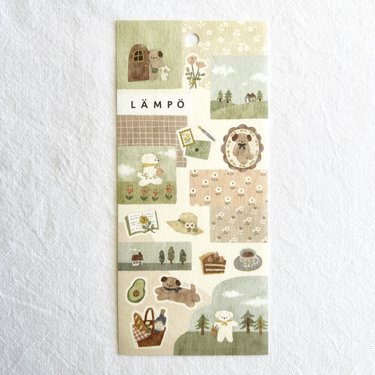 Mind Wave Lampo - Late Afternoon with Inu sticker sheet. Perfect for adding a comforting, dog-friendly vibe to journals, planners, and scrapbooks.