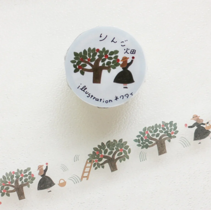 Necktie masking tape titled 'Apple Field,' featuring charming illustrations of apples and fields, Japanese stationery perfect for decorating planners, journals, and crafts with a cozy, nature-inspired theme.