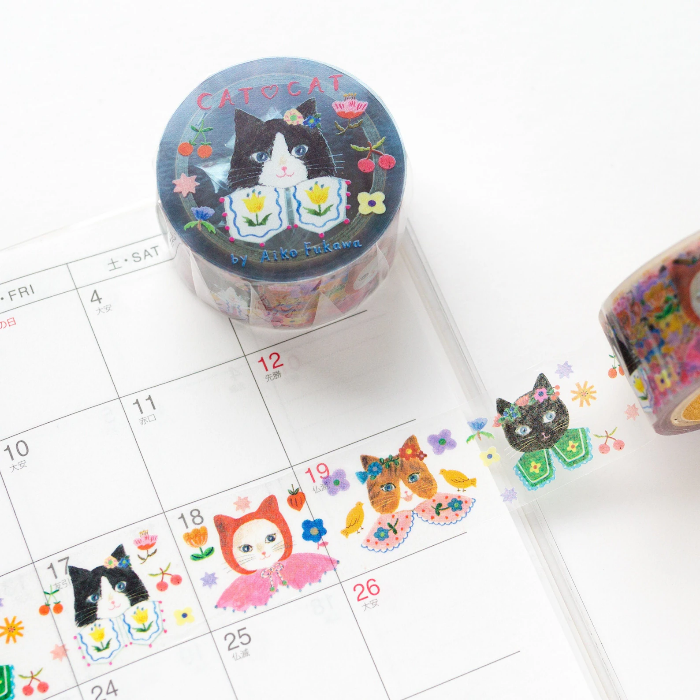 Aiko Fukawa masking tape titled 'Cat Cat,' featuring playful cat illustrations, Japanese stationery with cute, whimsical feline designs for crafting and decorating.