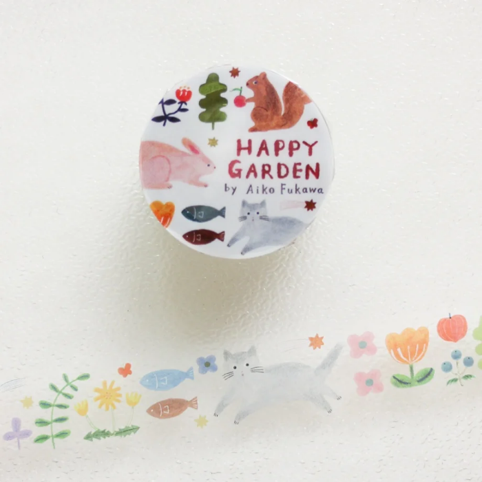 Aiko Fukawa masking tape titled 'Happy Garden,' featuring colorful illustrations of flowers, plants, and animals, Japanese stationery with a cheerful, nature-inspired design for crafts and decoration.