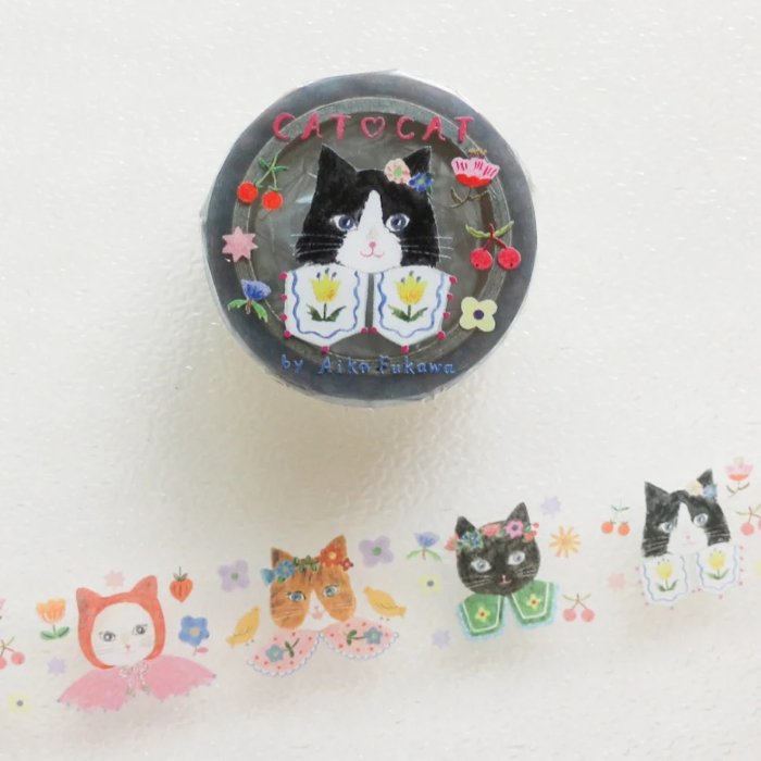 Aiko Fukawa masking tape titled 'Cat Cat,' featuring playful cat illustrations, Japanese stationery with cute, whimsical feline designs for crafting and decorating.