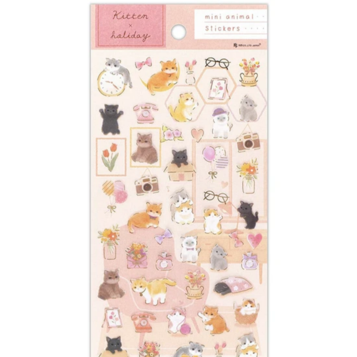 Japanese Clear Sticker Sheet featuring adorable kitten illustrations, ideal for decorating planners, journals, and crafts with nature-inspired designs.