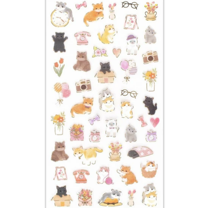 Japanese Clear Sticker Sheet featuring adorable kitten illustrations, ideal for decorating planners, journals, and crafts with nature-inspired designs.