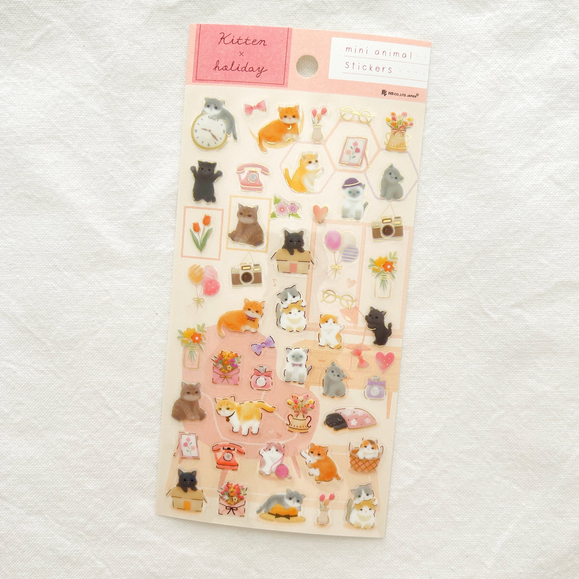 Sheet of kitten stickers with a pink border 