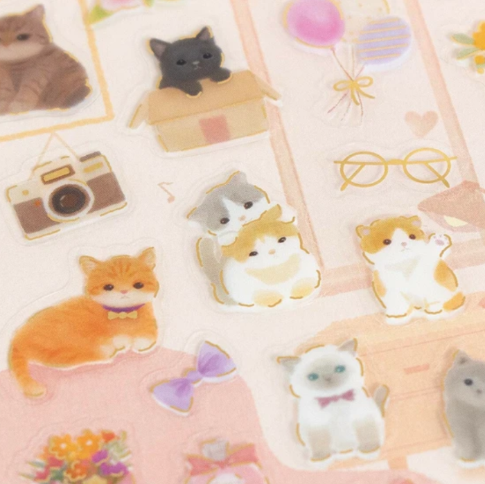 Japanese Clear Sticker Sheet featuring adorable kitten illustrations, ideal for decorating planners, journals, and crafts with nature-inspired designs.