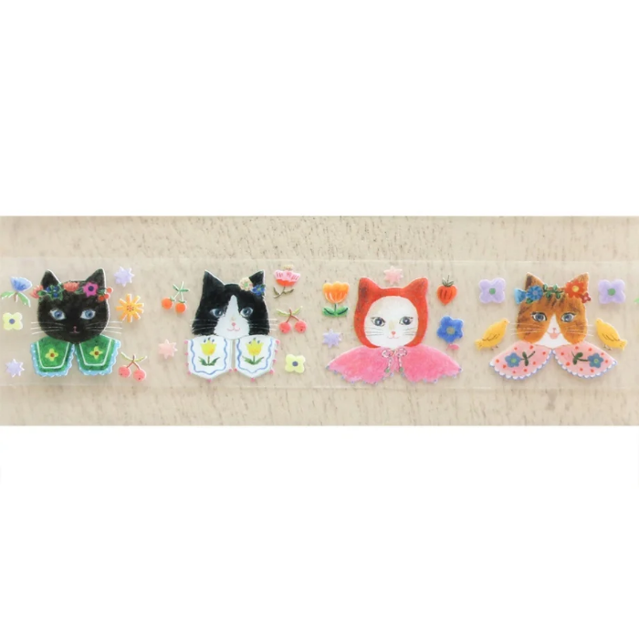 Aiko Fukawa masking tape titled 'Cat Cat,' featuring playful cat illustrations, Japanese stationery with cute, whimsical feline designs for crafting and decorating.