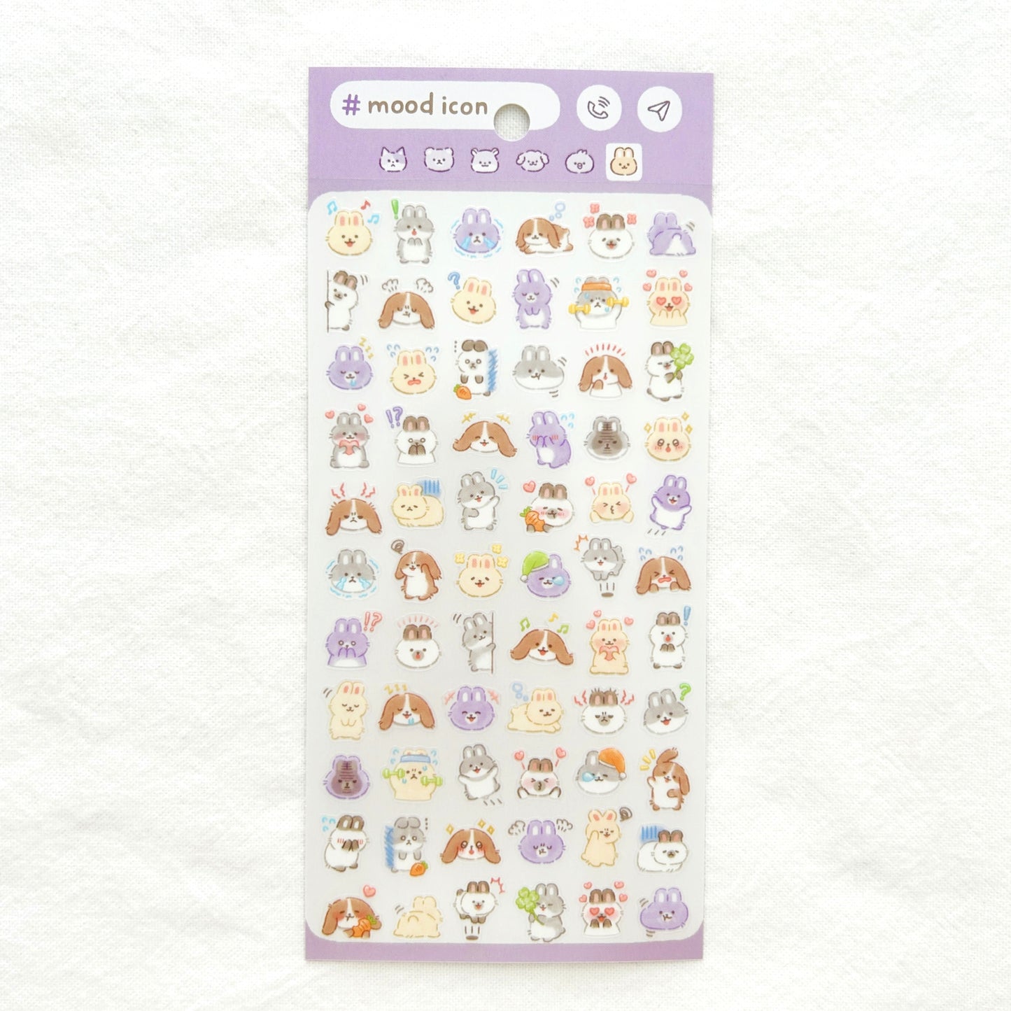 A sticker sheet of small bunny stickers with mood expressions