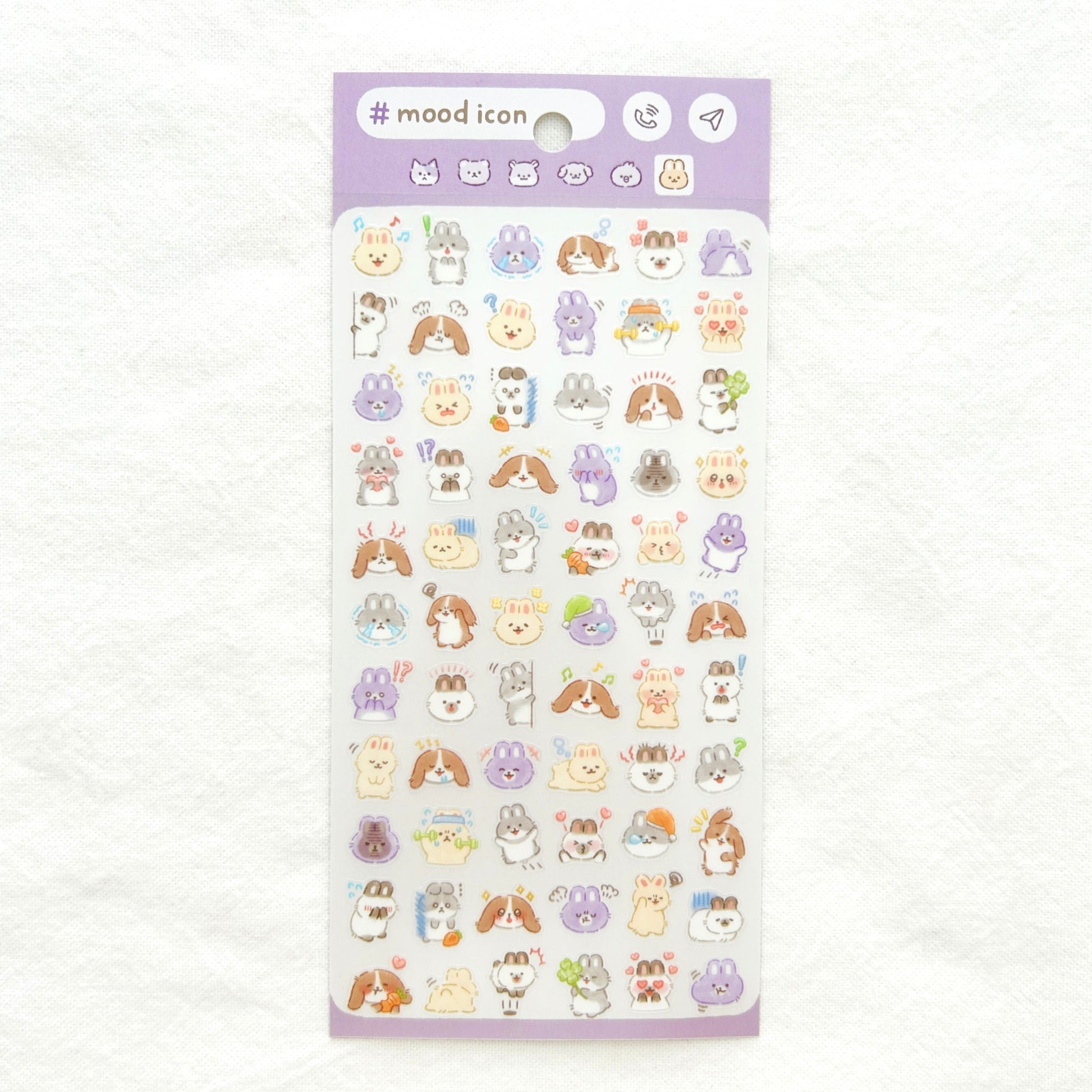 A sticker sheet of small bunny stickers with mood expressions