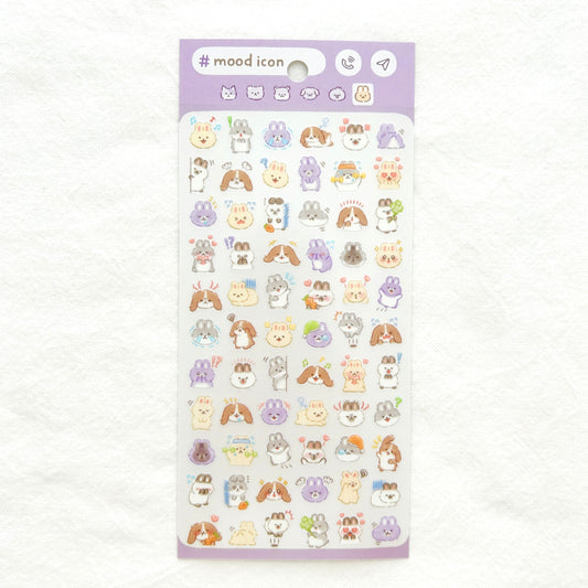A sticker sheet of small bunny stickers with mood expressions