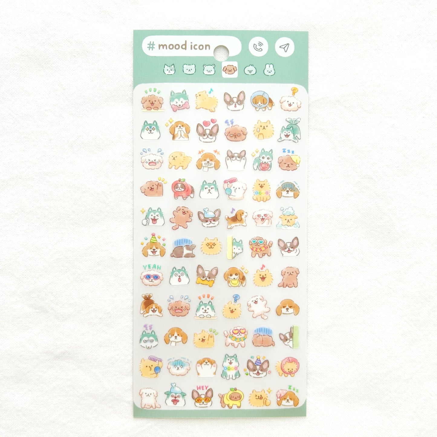Sheet of colorful dog animal-themed stickers with mood expressions 