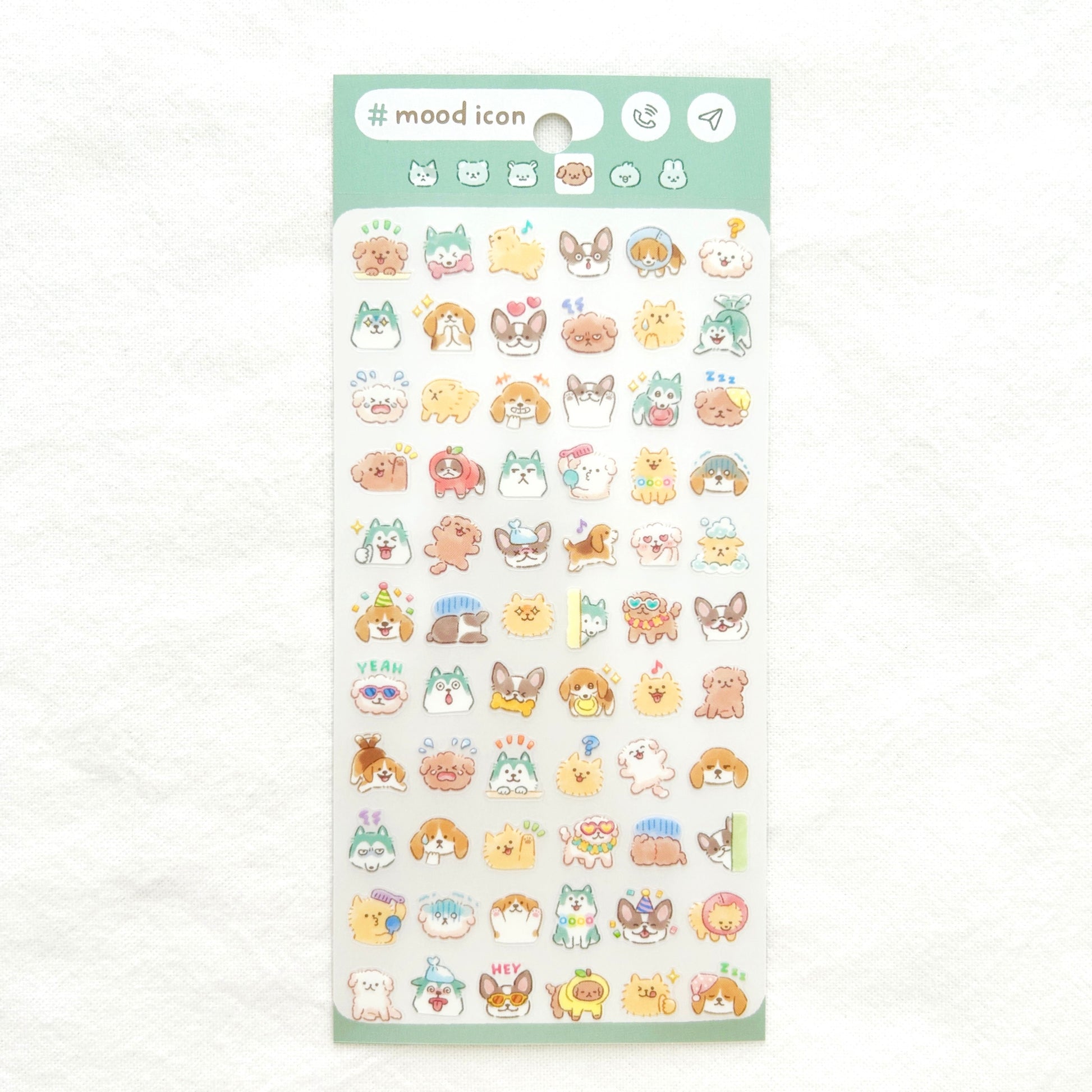 Sheet of colorful dog animal-themed stickers with mood expressions 