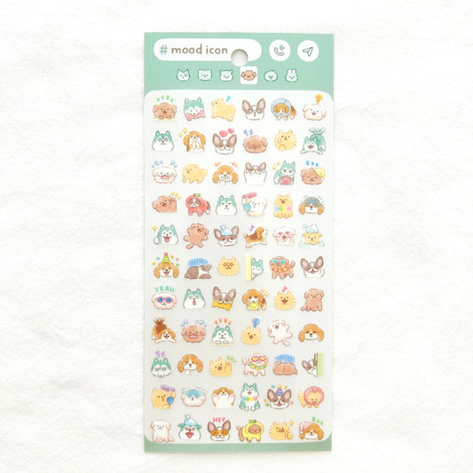Sheet of colorful dog animal-themed stickers with mood expressions 