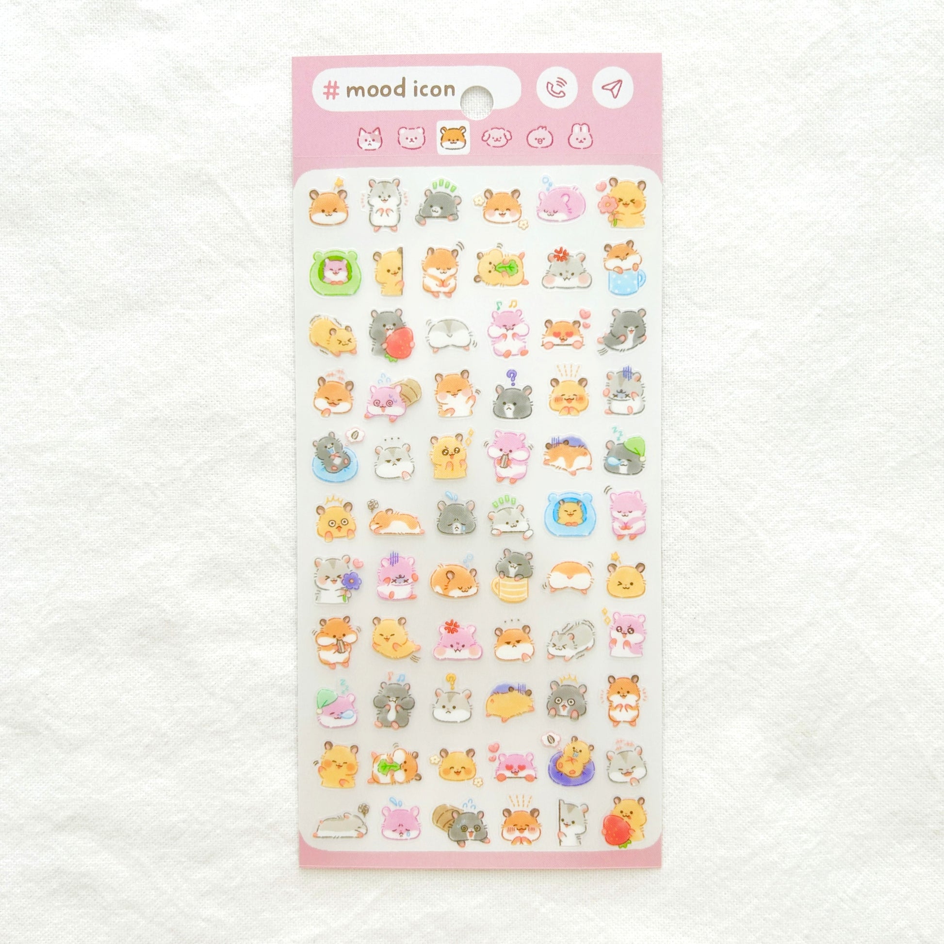 Sheet of colorful hamster animal-themed stickers with mood expressions