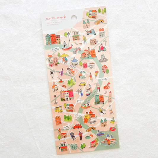 Packaged sticker sheet with illustrated cute kawaii city scenes