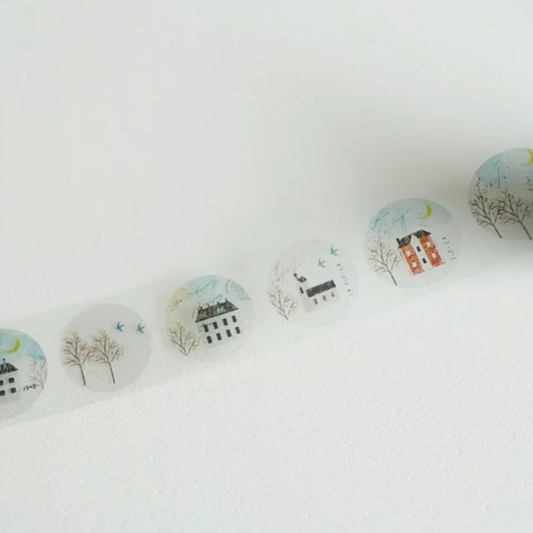 YOHAKU's PET Clear Tape - Itsuka-no-Machikado captures the nostalgia of a quiet street corner, with detailed illustrations of vintage homes perfect for journaling and craft projects.