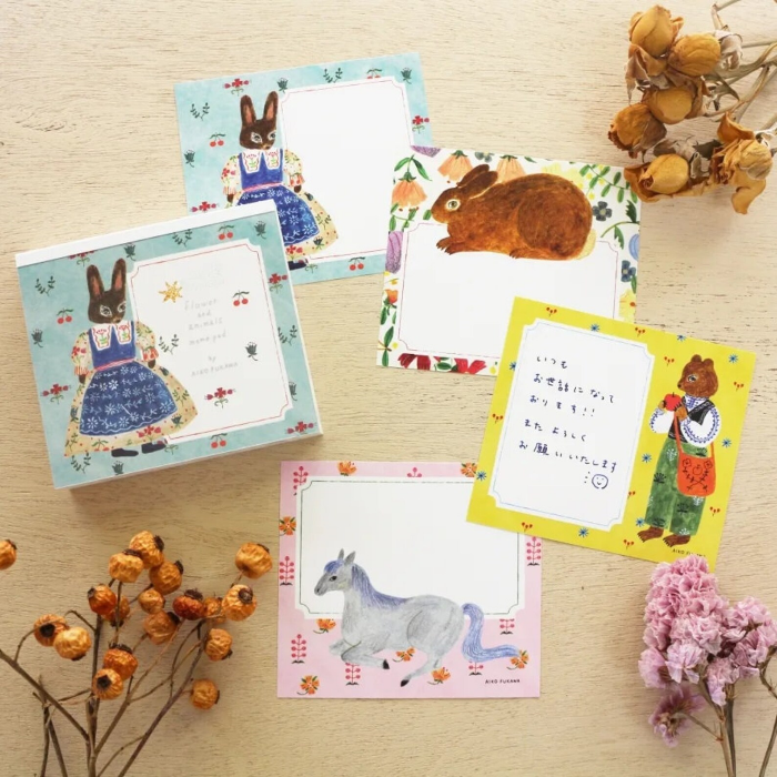 Aiko Fukawa memo pad 'Flower and Animal,' featuring delicate illustrations of flowers and animals, Japanese stationery with a charming, nature-inspired design.