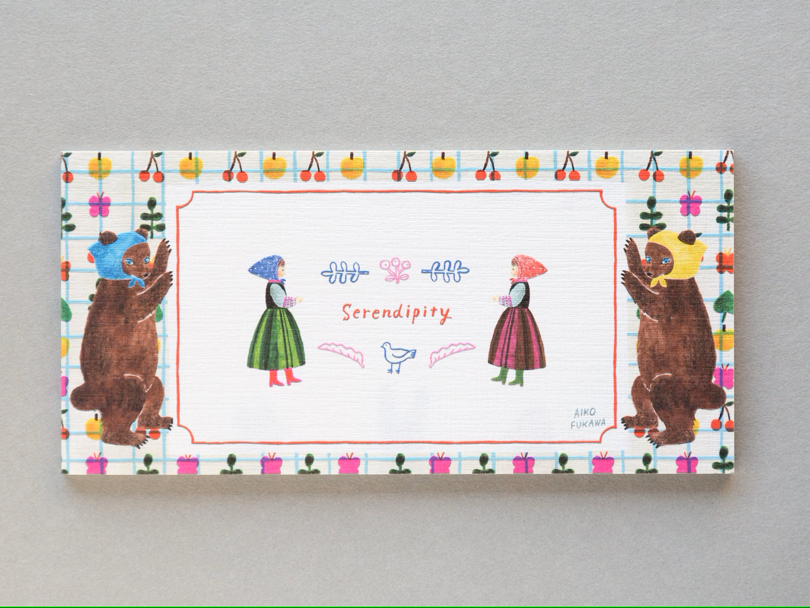 Aiko Fukawa memo pad titled 'Serendipity,' featuring playful, whimsical illustrations of animals and nature elements, Japanese stationery with an enchanting, artistic style.