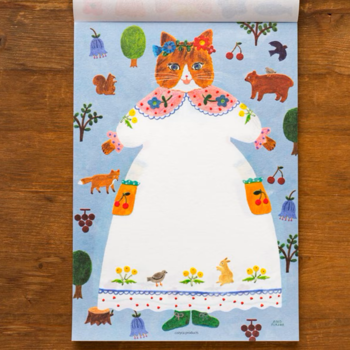 Aiko Fukawa letterhead featuring a cute cat and colorful floral design in a one-piece outfit, Japanese stationery with whimsical illustration style