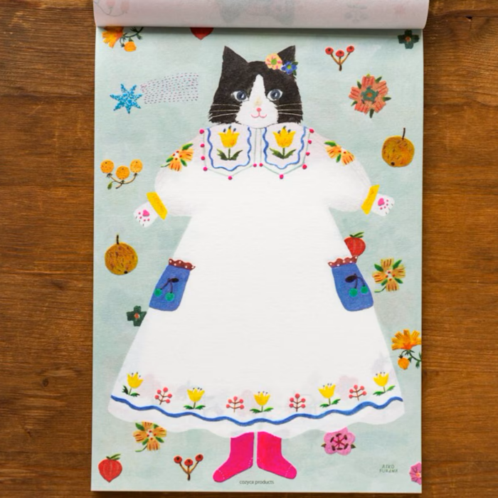 Aiko Fukawa letterhead featuring a cute cat and colorful floral design in a one-piece outfit, Japanese stationery with whimsical illustration style