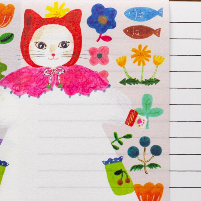 Aiko Fukawa letterhead featuring a cute cat and colorful floral design in a one-piece outfit, Japanese stationery with whimsical illustration style