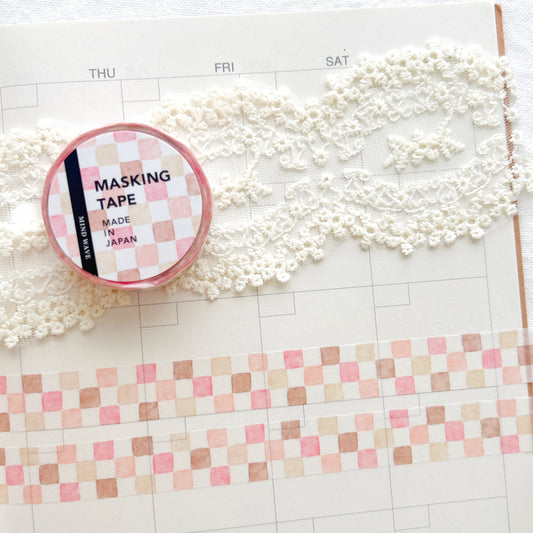 Washi tape with a pink and brown square pattern