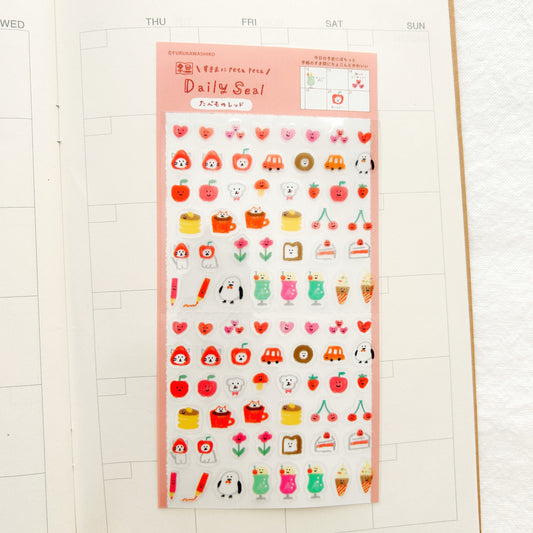 Sticker sheet with various cute illustrations on a white background