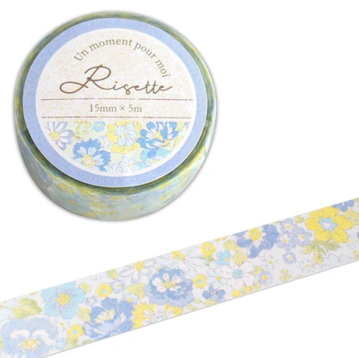 Risette Floral Washi Tape - Elena, featuring delicate blue and yellow floral patterns, perfect for adding a vintage-inspired botanical touch to journals, planners, and DIY crafts.