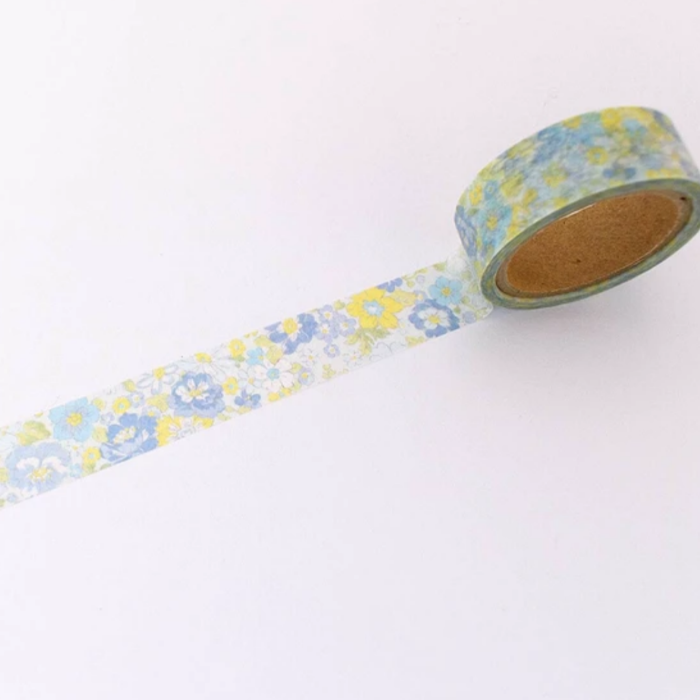 Risette Floral Washi Tape - Elena, featuring delicate blue and yellow floral patterns, perfect for adding a vintage-inspired botanical touch to journals, planners, and DIY crafts.