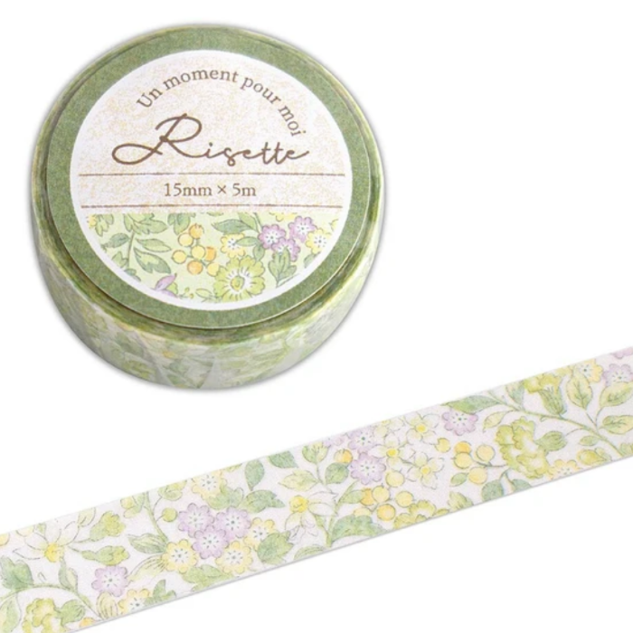 Risette Floral Washi Tape - Eva, featuring delicate green and purple floral patterns, perfect for adding a vintage-inspired botanical touch to journals, planners, and DIY crafts.