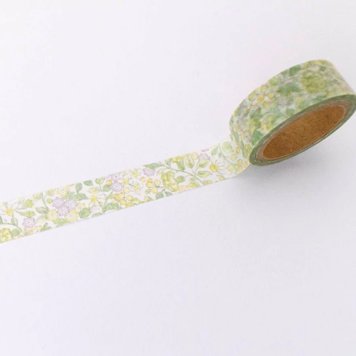 Risette Floral Washi Tape - Eva, featuring delicate green and purple floral patterns, perfect for adding a vintage-inspired botanical touch to journals, planners, and DIY crafts.