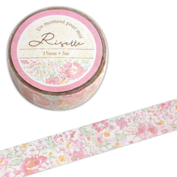 Risette Floral Washi Tape - Roz, featuring delicate pink floral patterns, perfect for adding a vintage-inspired botanical touch to journals, planners, and DIY crafts.