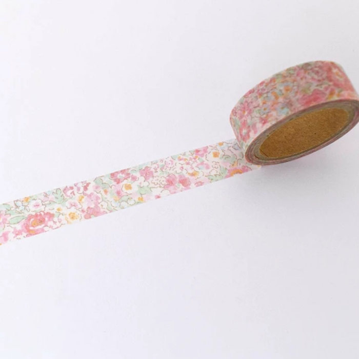 Risette Floral Washi Tape - Roz, featuring delicate pink floral patterns, perfect for adding a vintage-inspired botanical touch to journals, planners, and DIY crafts.