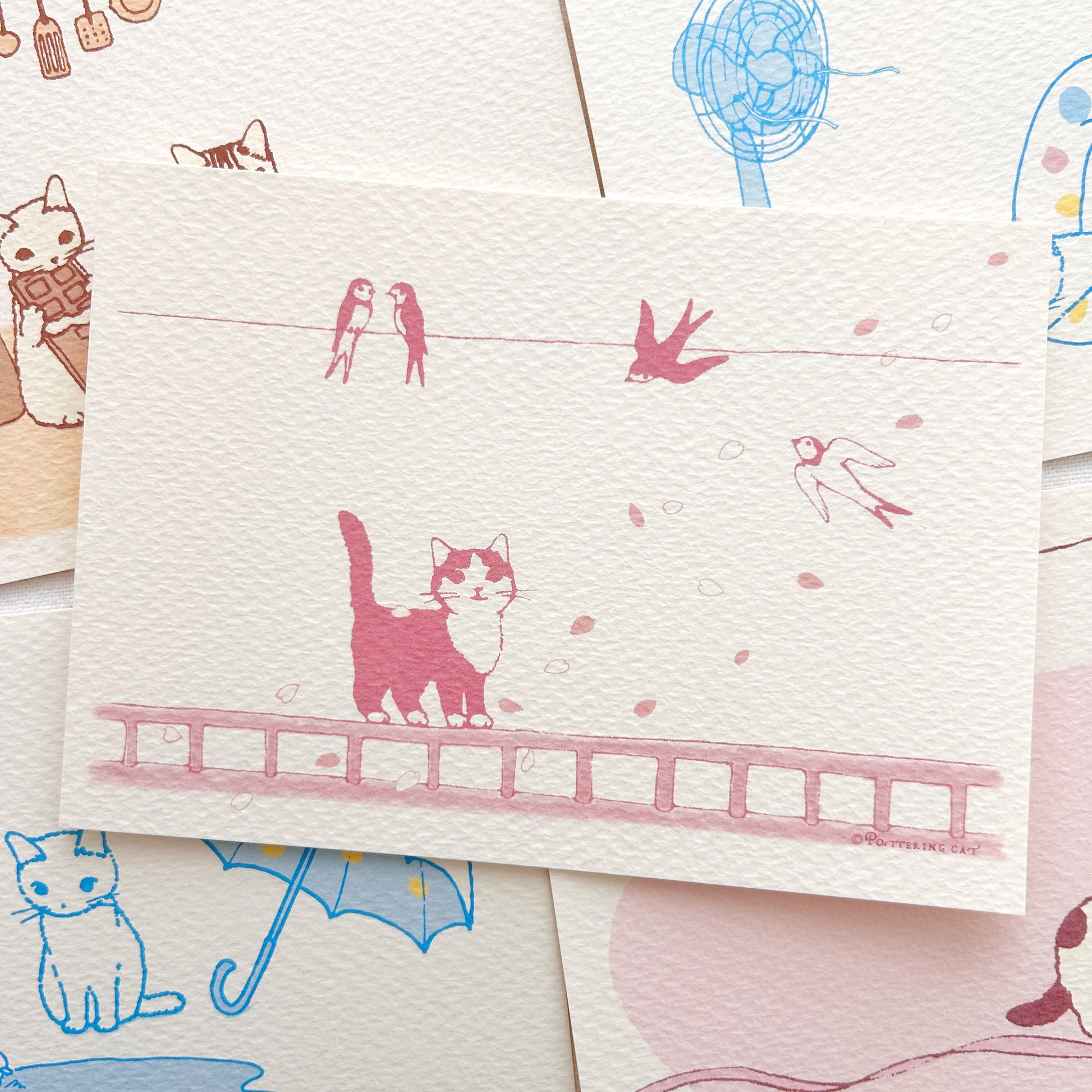 A collection of postcards with cute cat illustration
