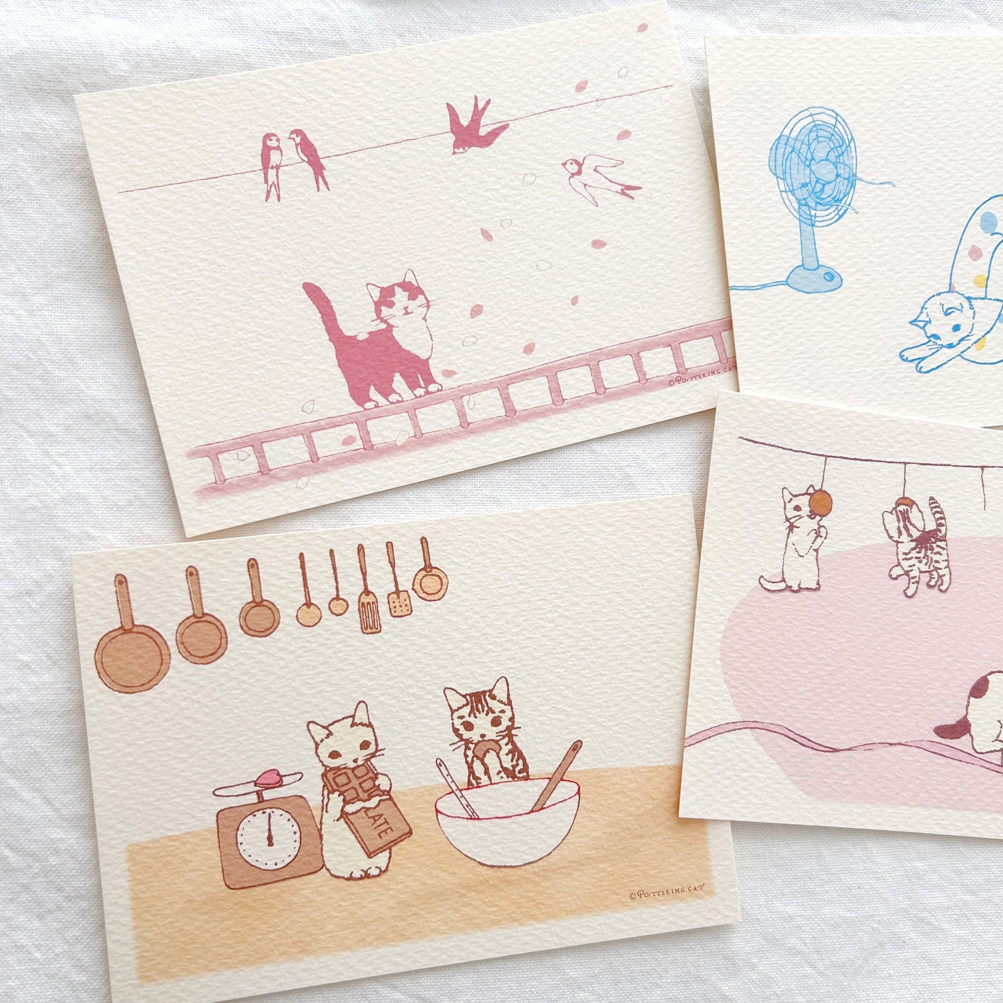Pottering Cat Postcard - Sakura Cherry Blossoms