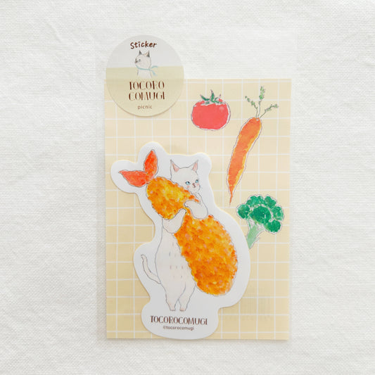Sticker of a cat holding shrimp tempura