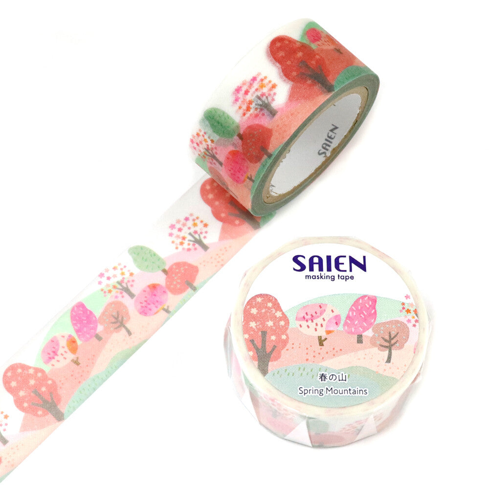 Washi tape featuring mountain scenes in the early spring with cheerful bright colors.