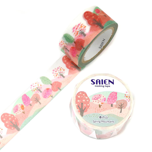 Washi tape featuring mountain scenes in the early spring with cheerful bright colors.